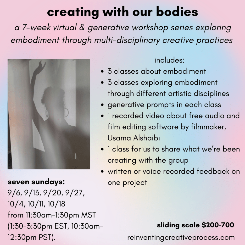 An image with a pink and pastel-rainbow background with black text that offers basic information about this workshop that can be found on the webpage about this workshop. There's also an image of lauren's shadow on a wall, holding up their hand.