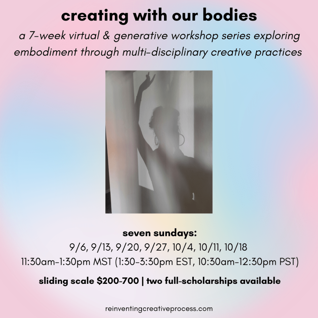 An image with a pink and pastel-rainbow background with black text that offers basic information about this workshop that can be found on the webpage about this workshop. There's also an image of lauren's shadow on a wall, holding up their hand.